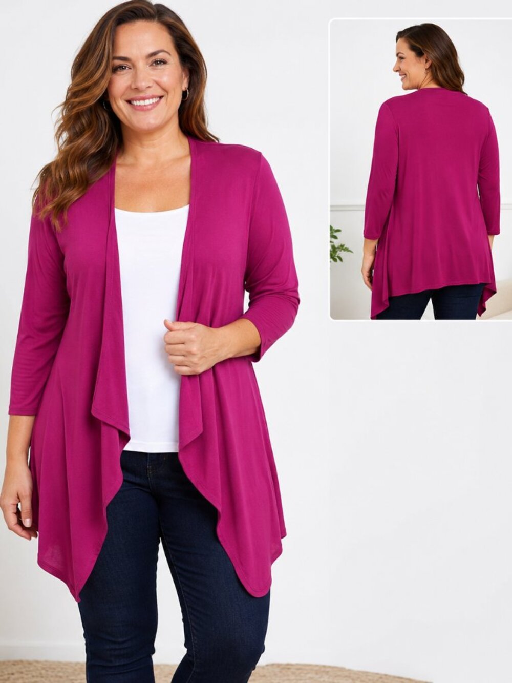East 5th Magenta Open‑Front Waterfall Knit Cardigan Size L – Bold & Romantic
